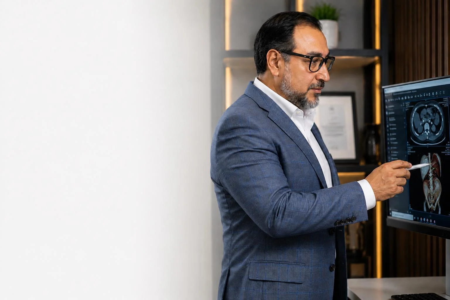 Dr. Josué Lara analizando estudios médicos en pantalla para un diagnóstico preciso