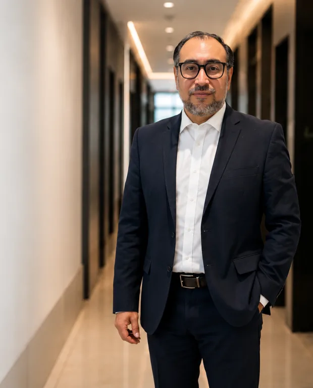Dr. Josué Lara, cirujano plástico, en un encuadre editorial de cuerpo completo